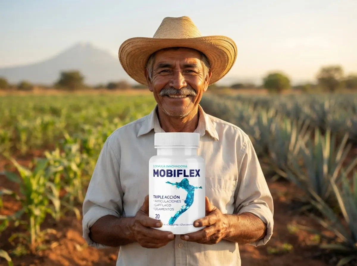 Hombre con sombrero en su campo de agave sosteniendo Mobiflex