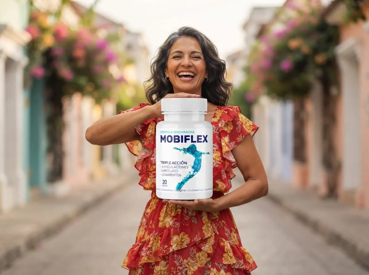 Mujer bailando en una calle colonial colombiana con el frasco de Mobiflex