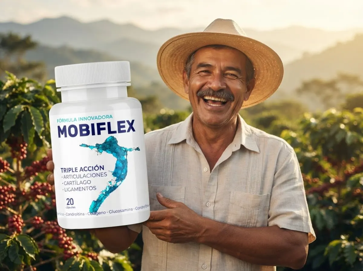 Caficultor colombiano sonriente con el frasco de Mobiflex entre cafetales