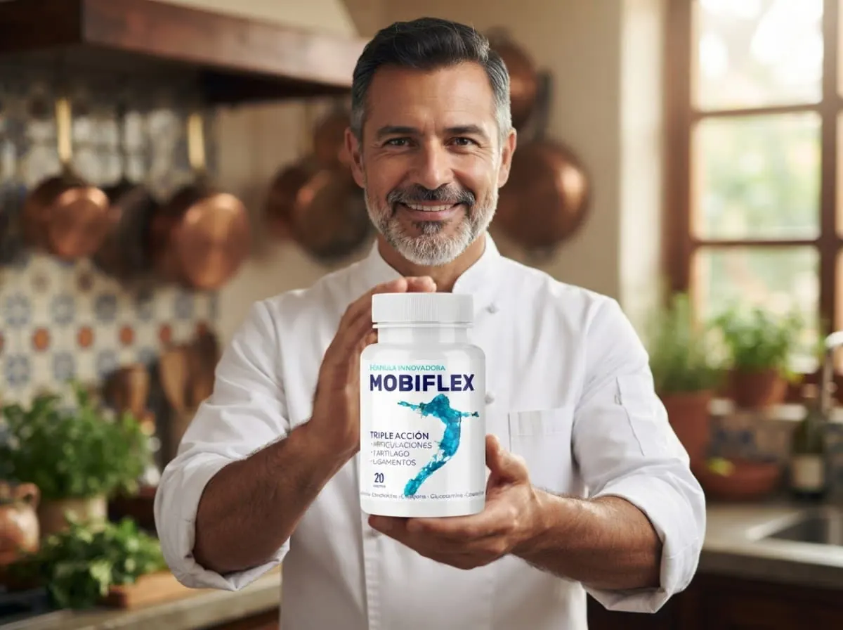 Cocinero sonriendo en una cocina mexicana con Mobiflex en las manos