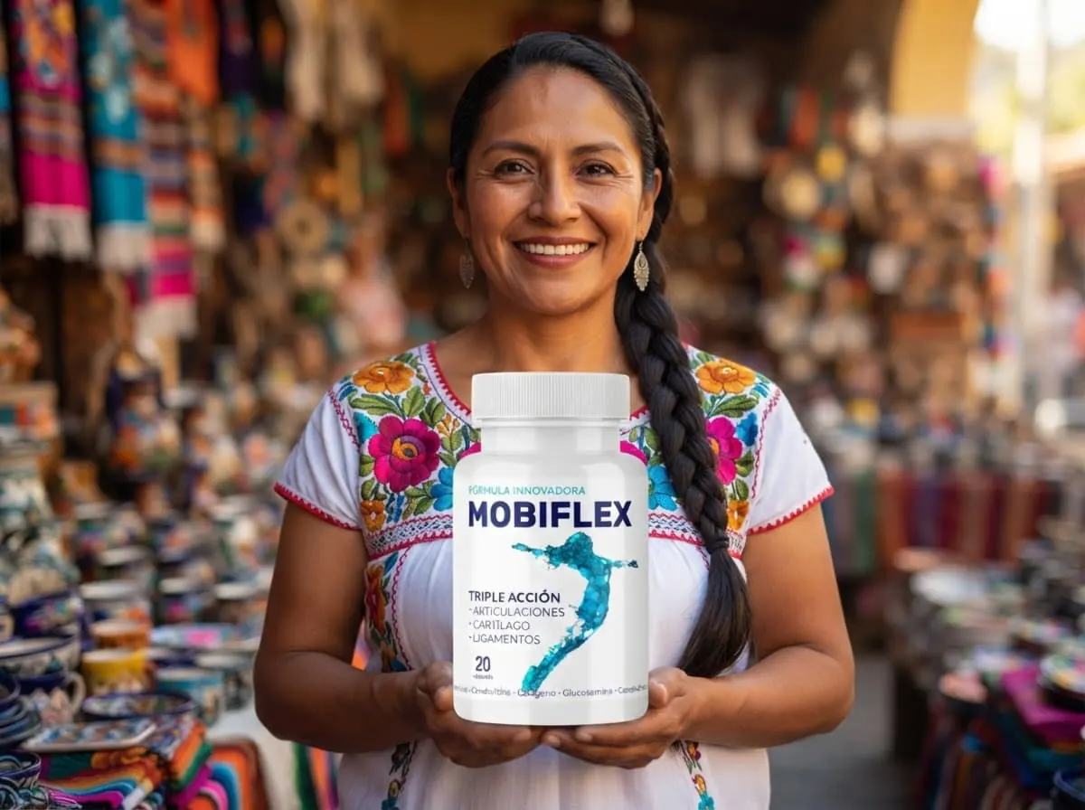 Mujer comerciante en su mercado con el empaque de Mobiflex en las manos