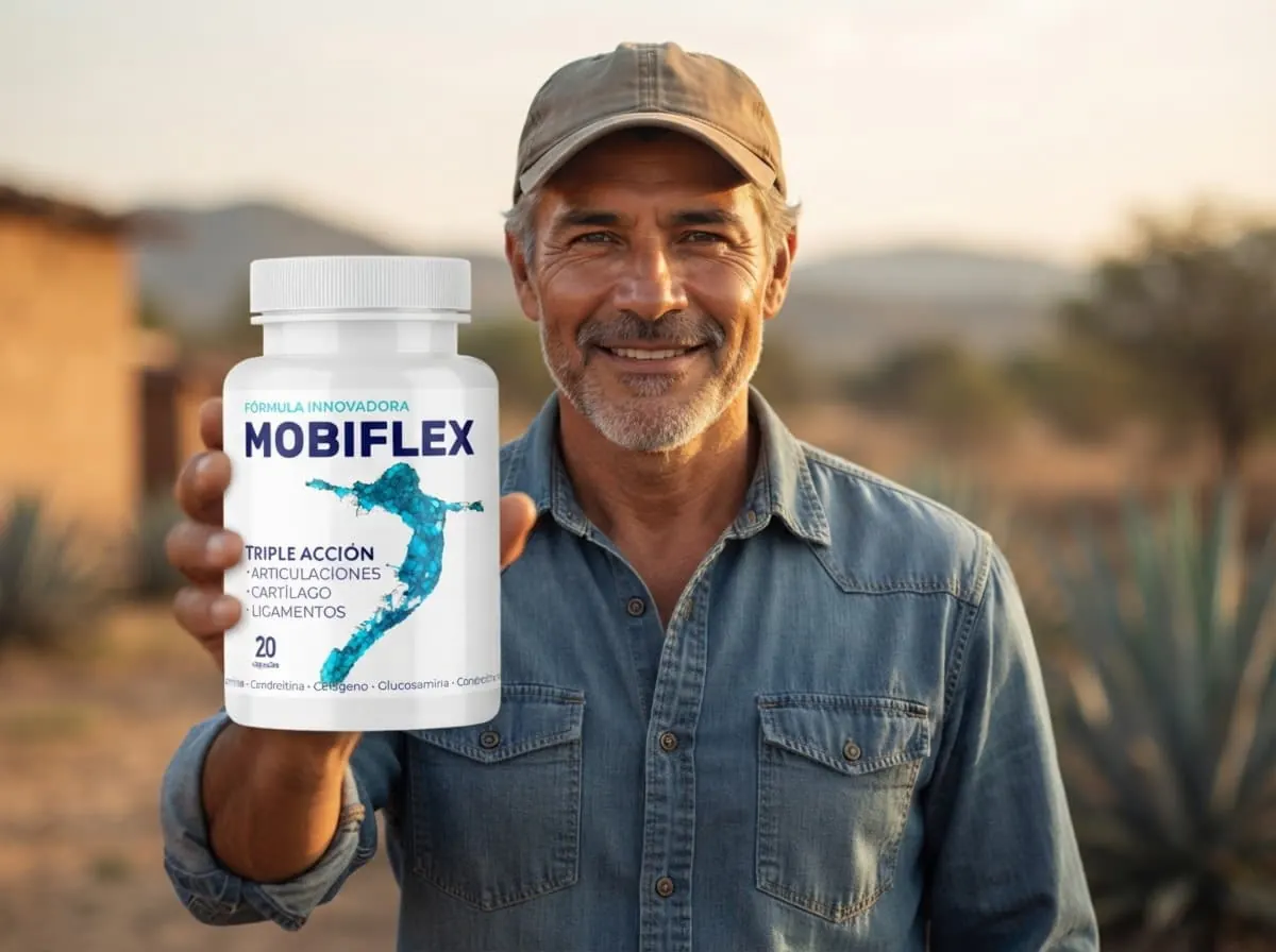 Hombre con gorra y camisa de mezclilla mostrando Mobiflex, con un campo de agave detrás
