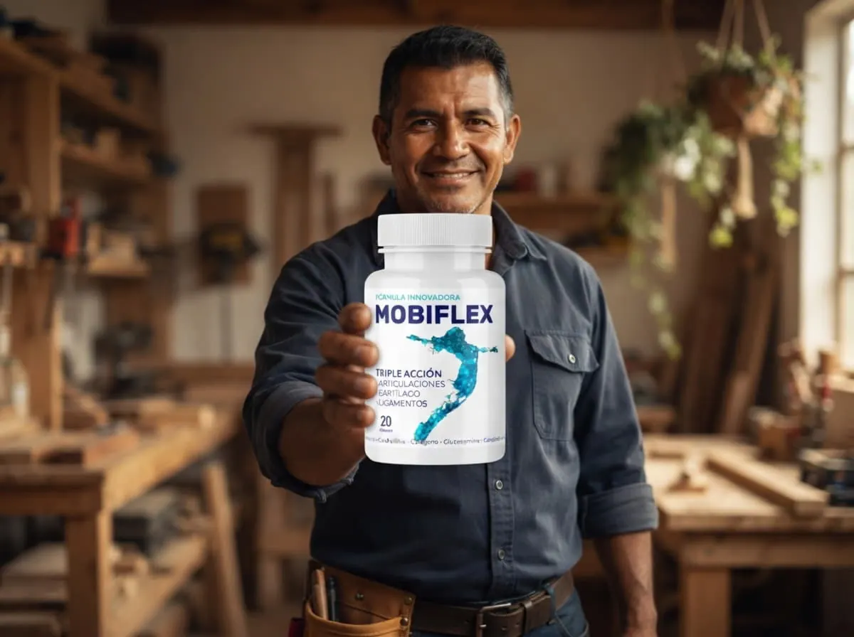 Ferretero colombiano en su local mostrando el frasco de Mobiflex