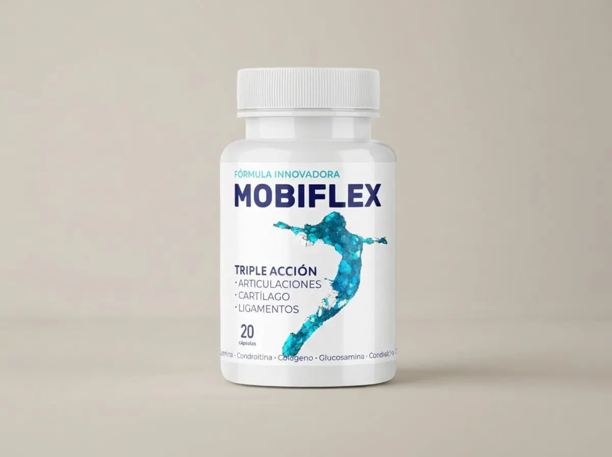 Mobiflex cápsulas, frasco de 20 cápsulas sobre fondo beige