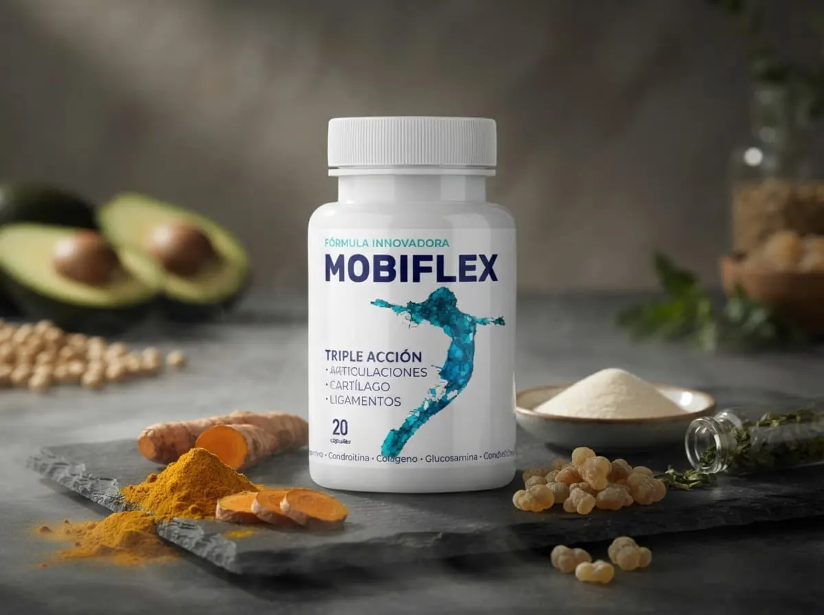 Mobiflex con extractos naturales, aguacate y cúrcuma en una cocina de luz suave