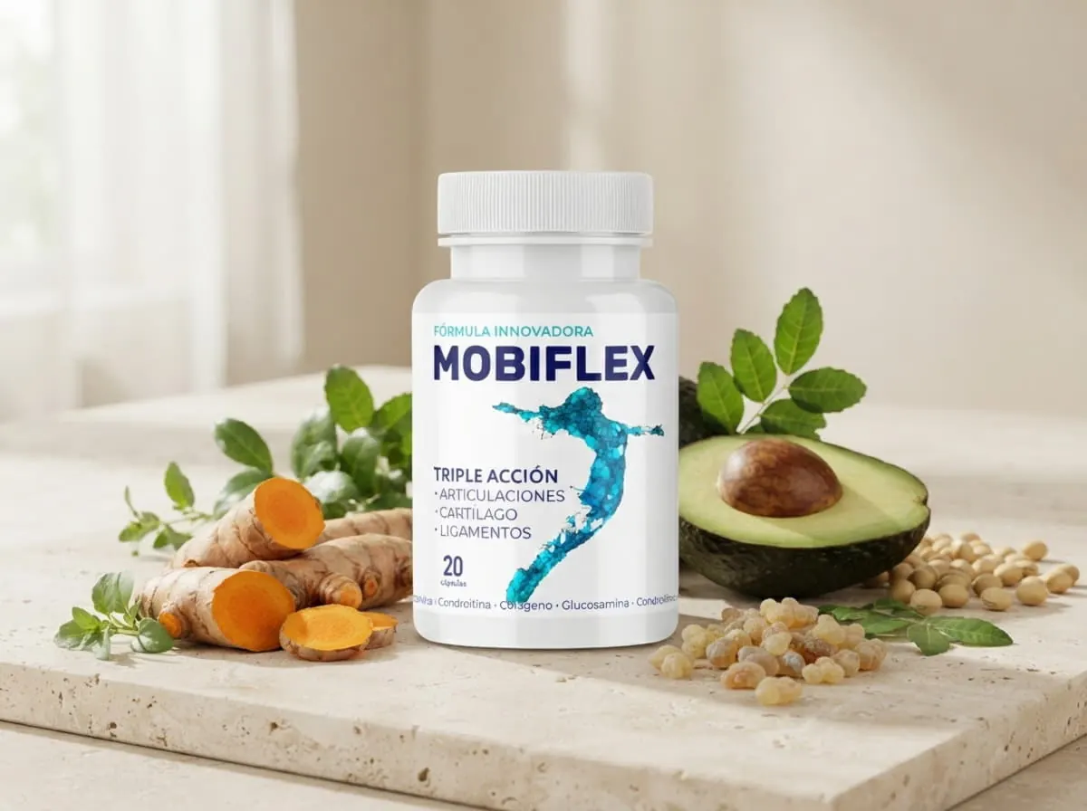 Mobiflex junto a cúrcuma, aguacate, boswellia y semillas de soya sobre una mesa de piedra