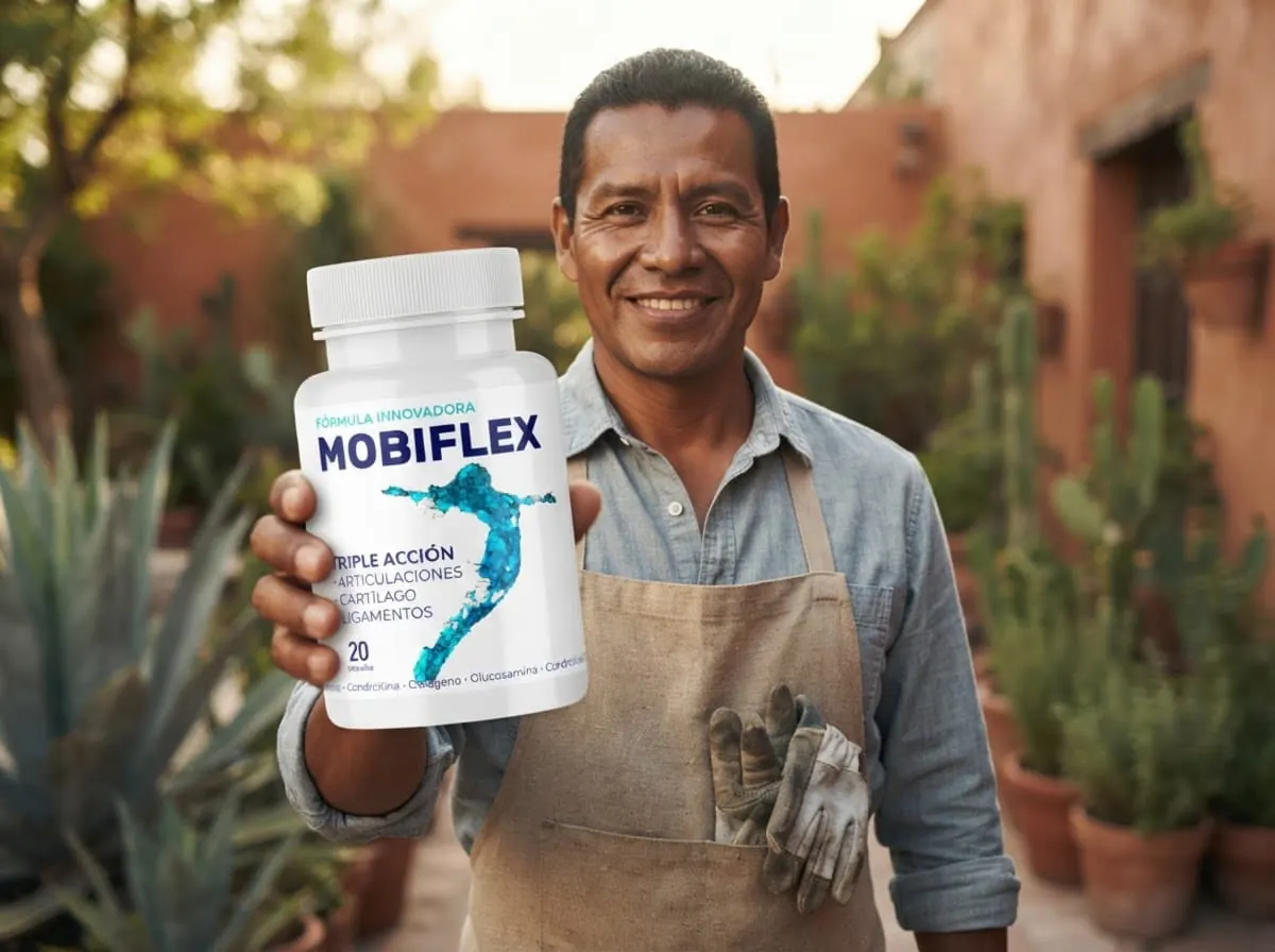 Hombre con delantal y guantes de jardinería en un patio mexicano con el frasco de Mobiflex