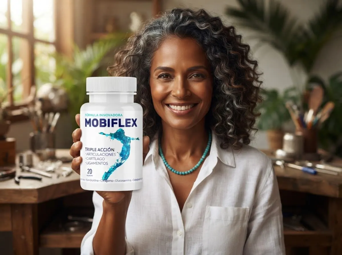 Joyera colombiana sonriente en su taller con el frasco de Mobiflex