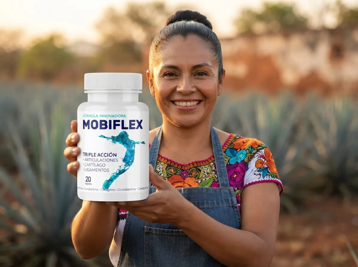 Mujer del campo mexicano sonriendo con el frasco de Mobiflex entre agaves