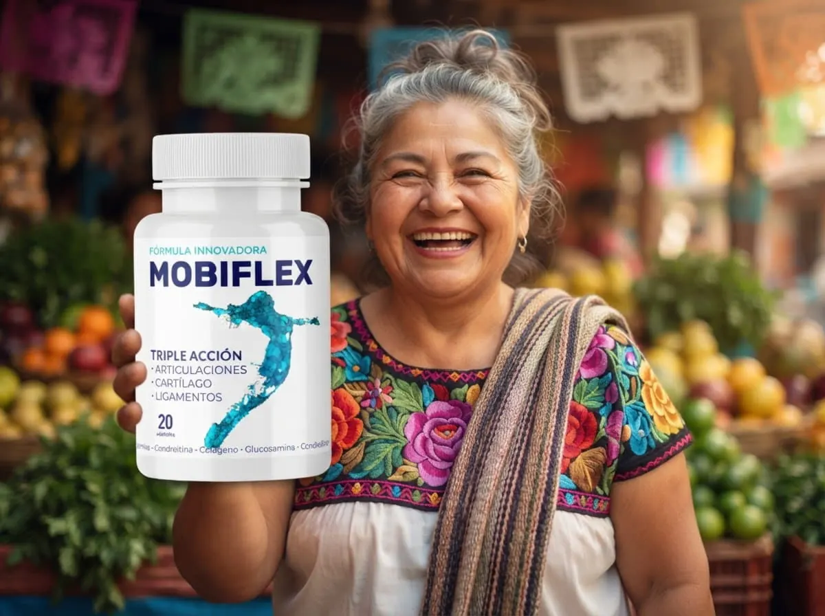 Mujer madura entre frutas y flores de un mercado mostrando Mobiflex