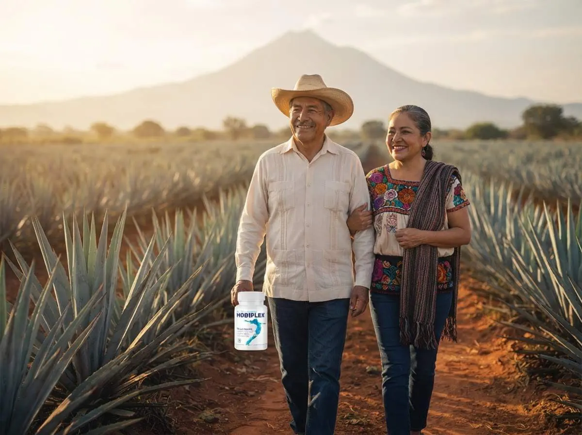 Pareja caminando entre campos de agave al atardecer con Mobiflex