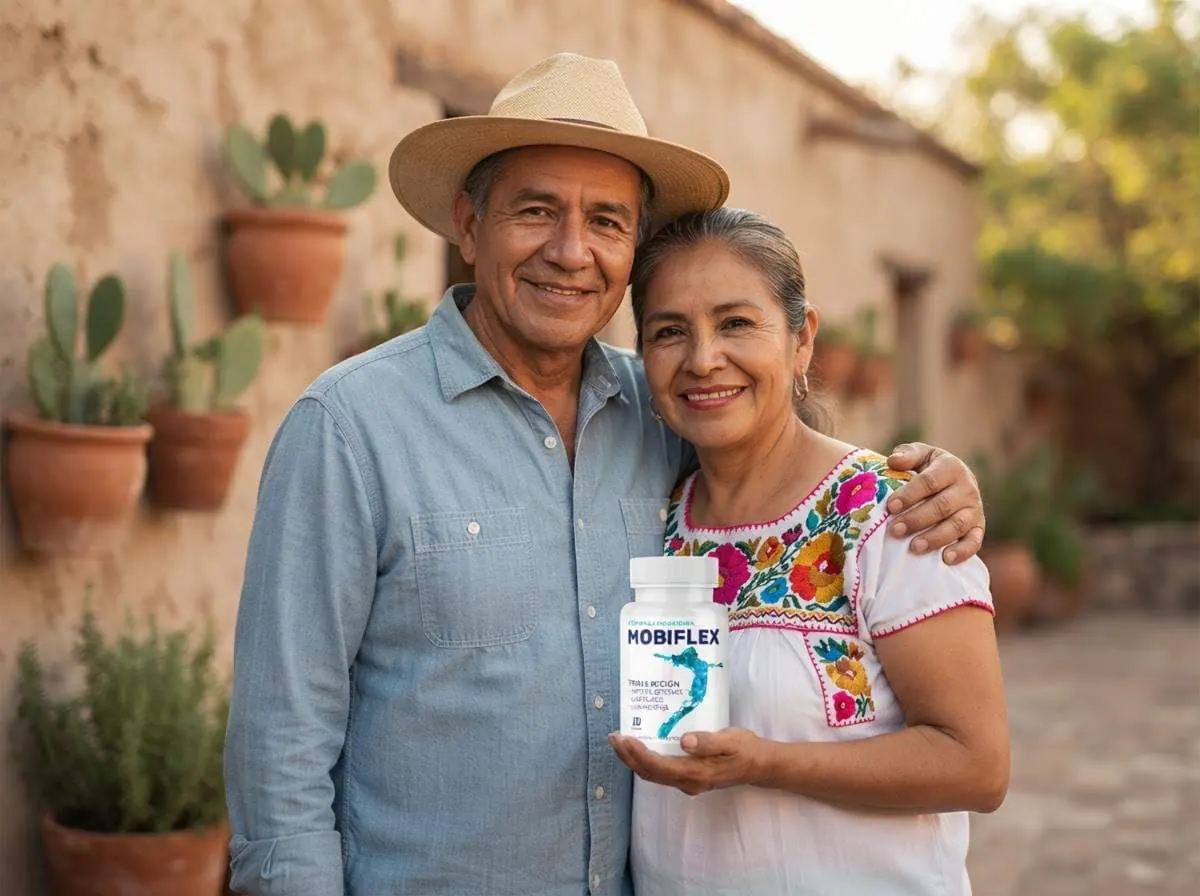 Pareja de adultos sonriendo abrazada entre nopales, con el frasco de Mobiflex