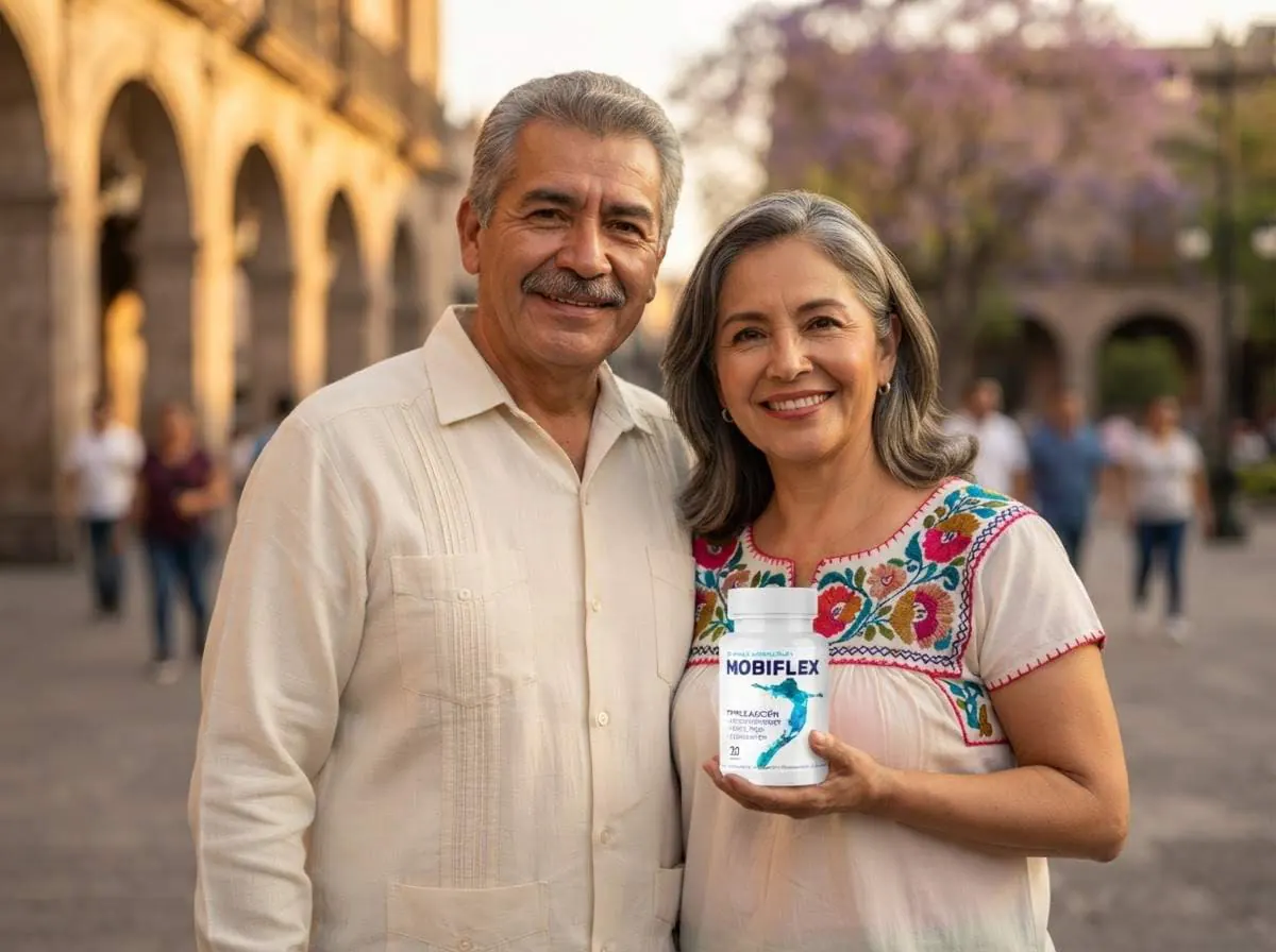 Pareja caminando bajo los arcos de una calle de pueblo con Mobiflex en la mano