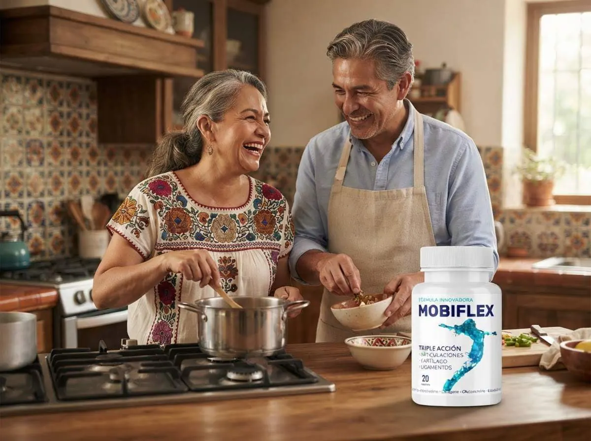 Pareja cocinando juntos en su cocina con Mobiflex sobre la barra
