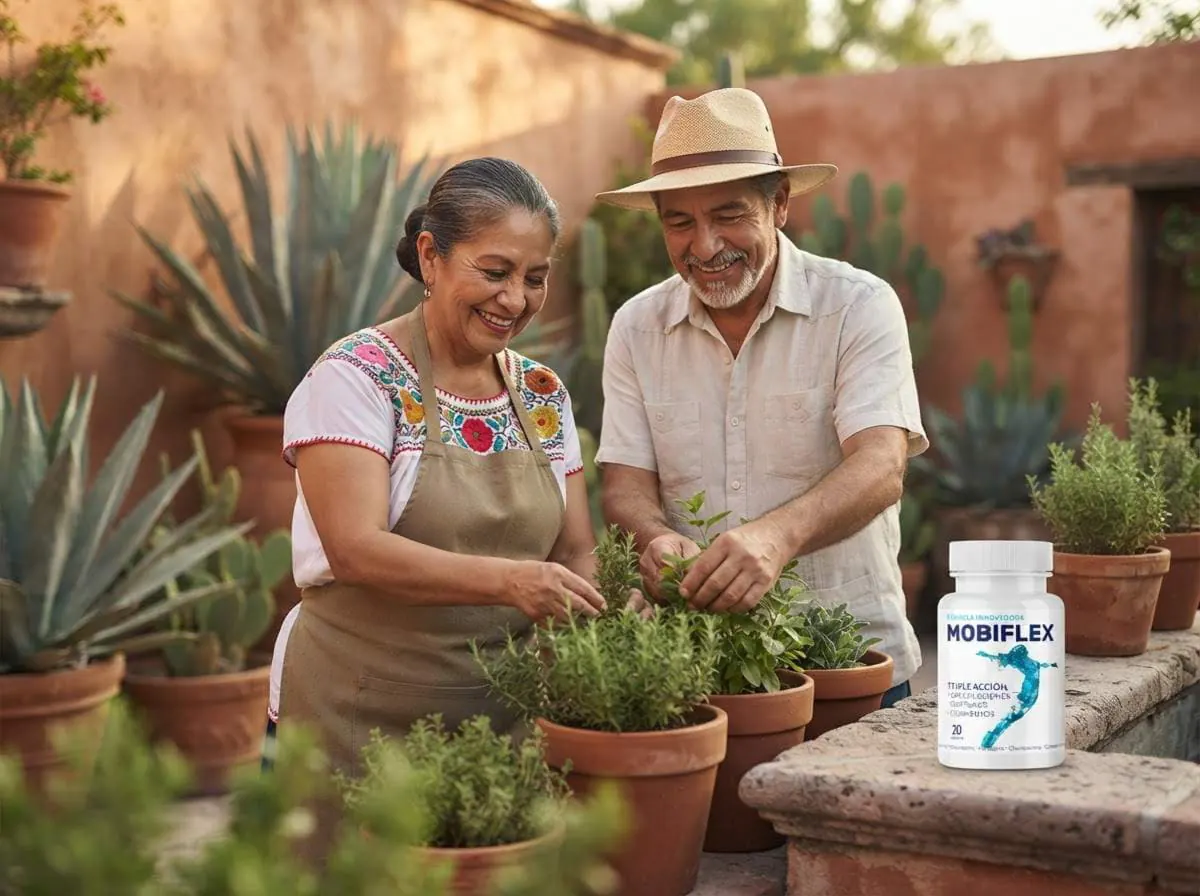Pareja cuidando hierbas en su huerto con el frasco de Mobiflex a la vista