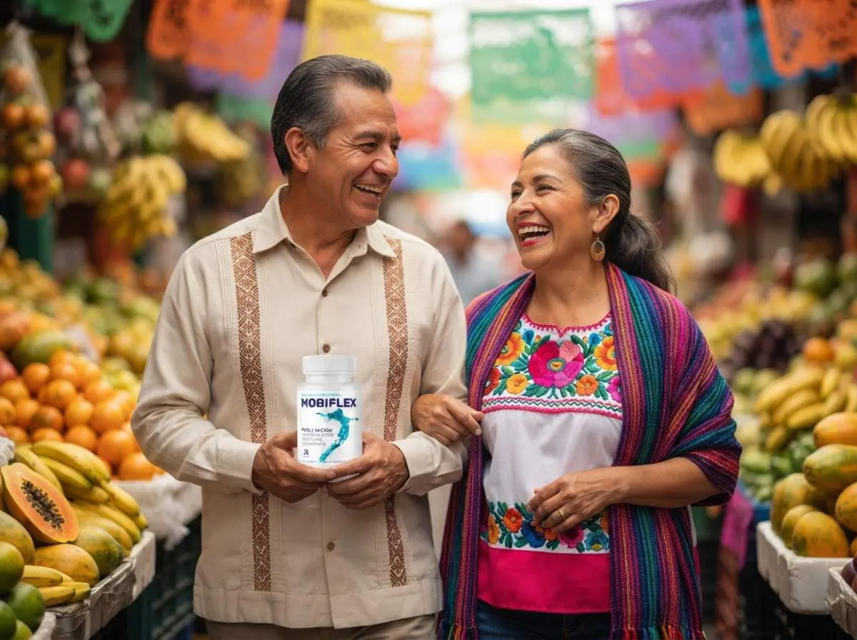 Pareja sonriente en un mercado colorido de México sosteniendo Mobiflex