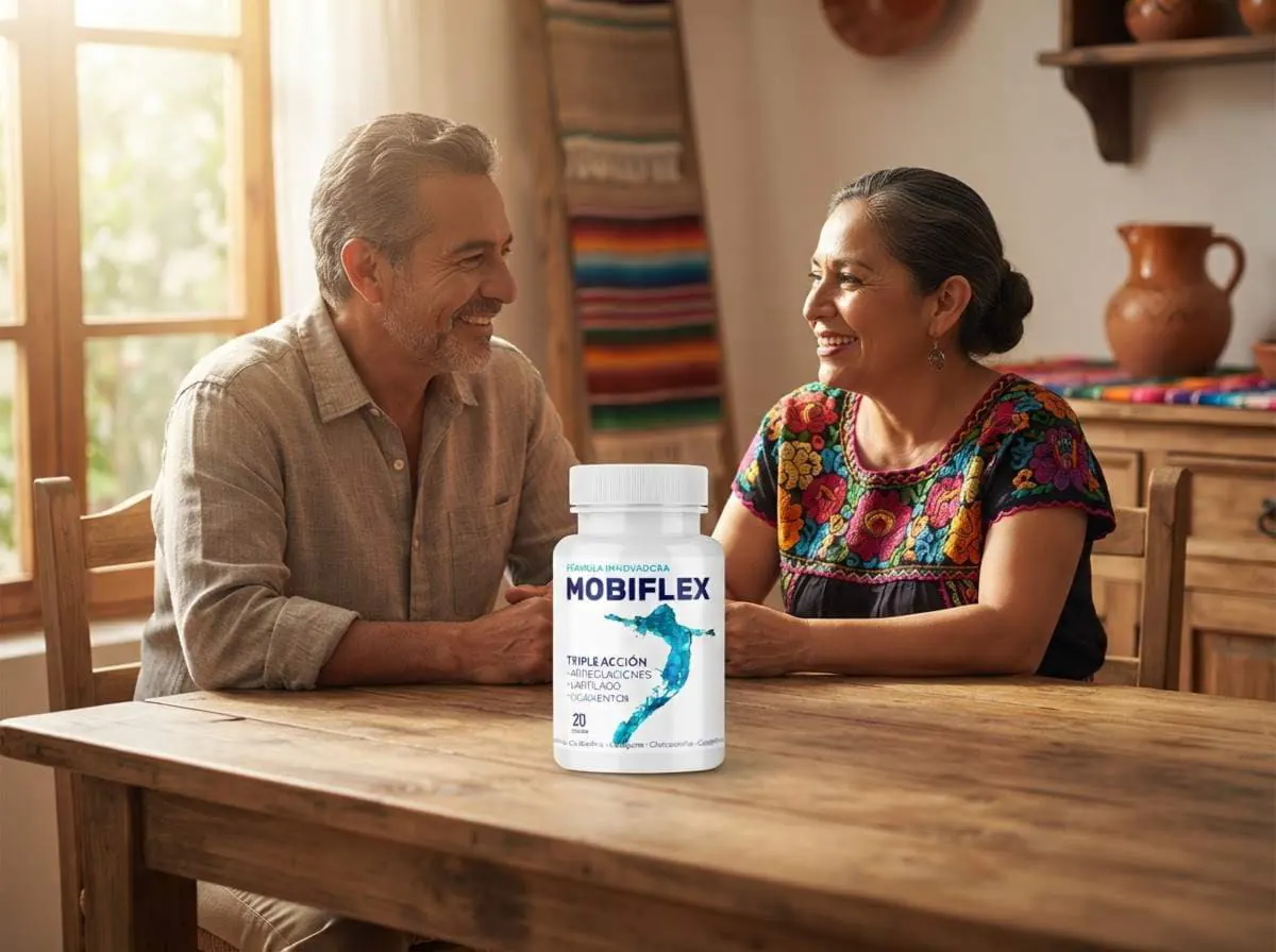 Mobiflex en una mesa de madera, con una pareja compartiendo un momento en casa