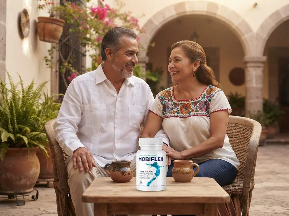 Mobiflex sobre la mesa de un patio mexicano junto a una pareja que conversa