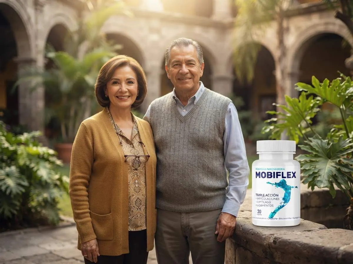 Pareja en un patio con plantas y un frasco de Mobiflex a su lado