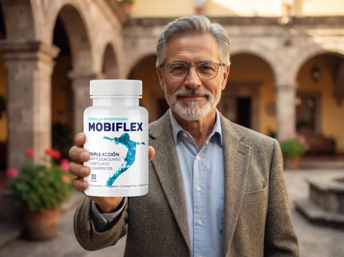 Hombre mayor de saco entre arcos coloniales con el frasco de Mobiflex