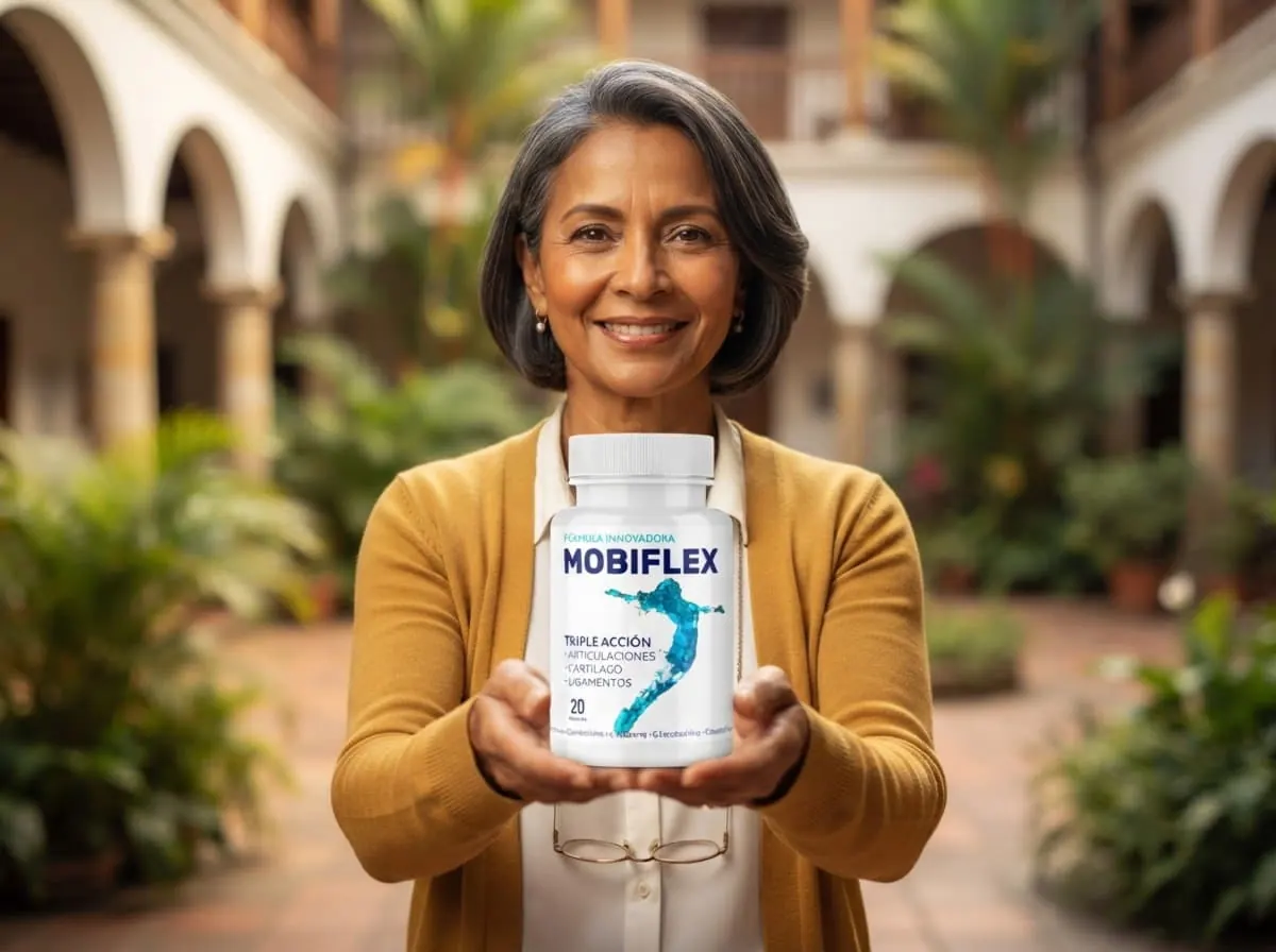 Profesora en un patio colonial colombiano con el frasco de Mobiflex