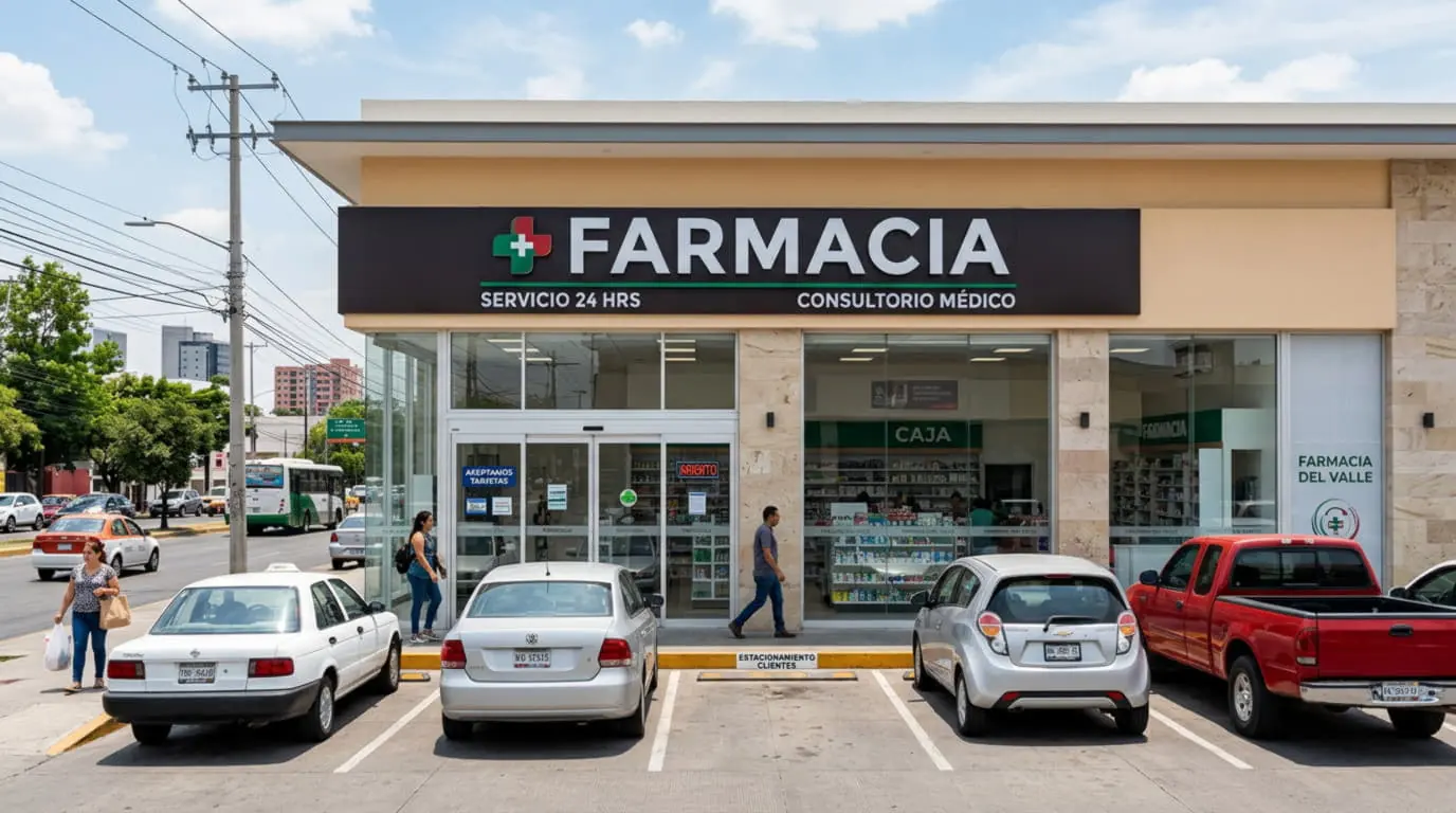Droguería de barrio con mostrador y estantes ordenados de productos de salud