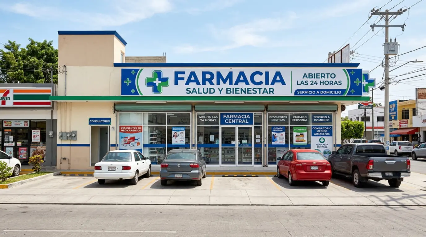 Sede de droguería con pasillo de salud y bienestar y un cliente consultando una etiqueta