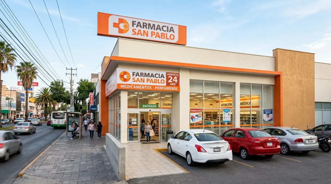 Farmacia urbana con área de suplementos y productos de cuidado personal