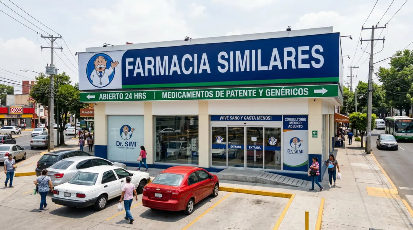 Farmacia de barrio con consultorio adjunto y estantes de productos de salud