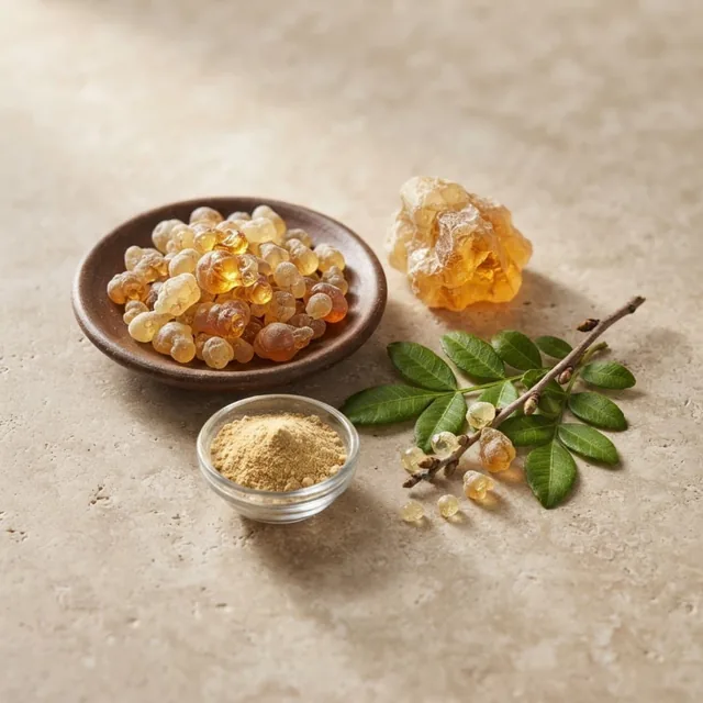 Mobiflex: resina de Boswellia con flores y hierbas sobre una mesa clara, ingrediente de la fórmula