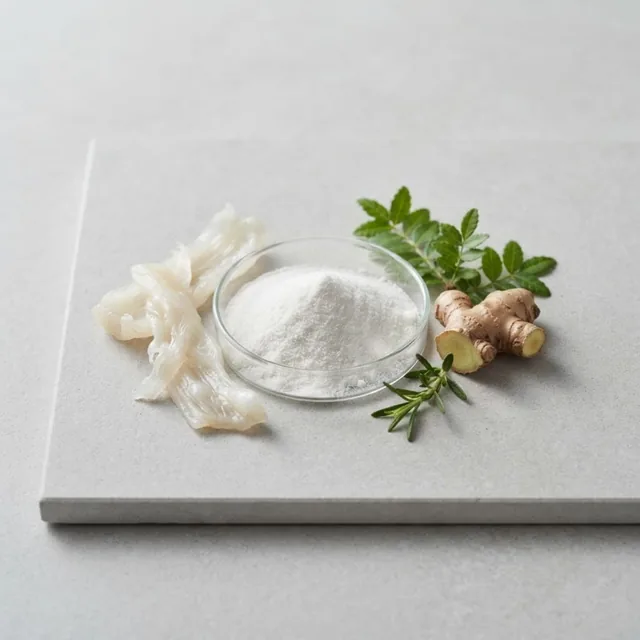Mobiflex: condroitina en polvo sobre una piedra clara con hierbas, ingrediente de la fórmula