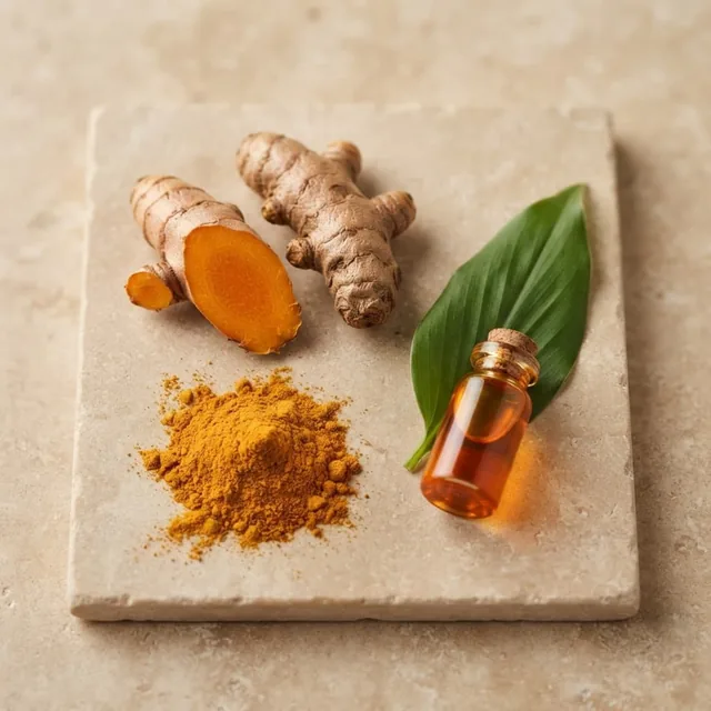 Mobiflex: raíz y polvo de cúrcuma sobre una tabla de piedra, ingrediente de la fórmula