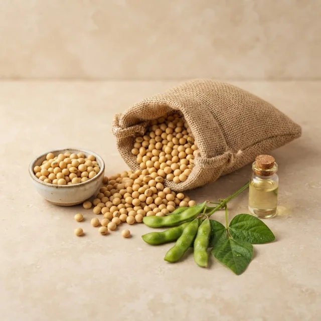 Mobiflex: granos de soya en costal de yute con vaina fresca, ingrediente de la fórmula